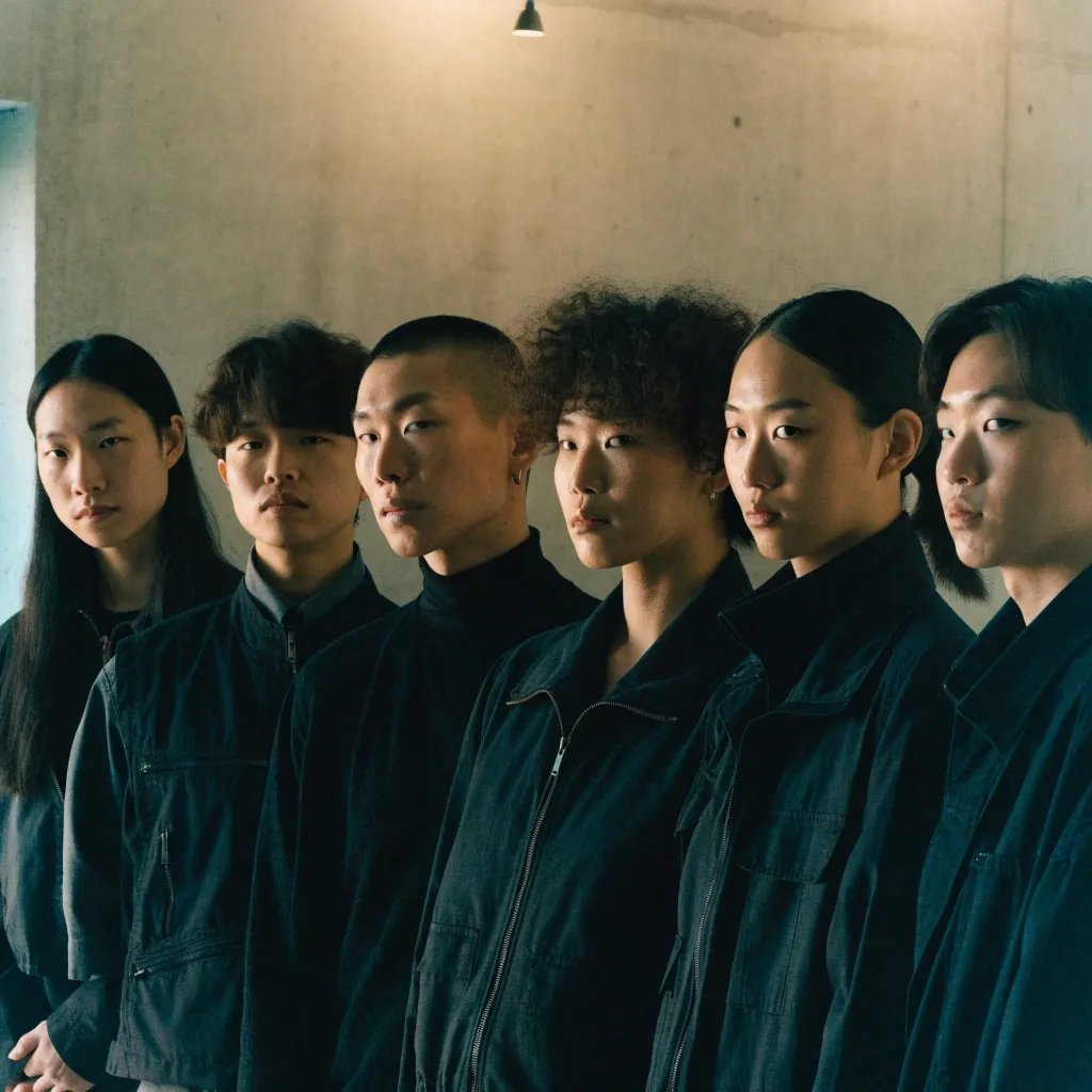 스튜디오 콘크리트 벽 앞에 어깨를 나란히 하고 선 디자인·개발 팀 여섯 명의 가슴 위쪽 모습