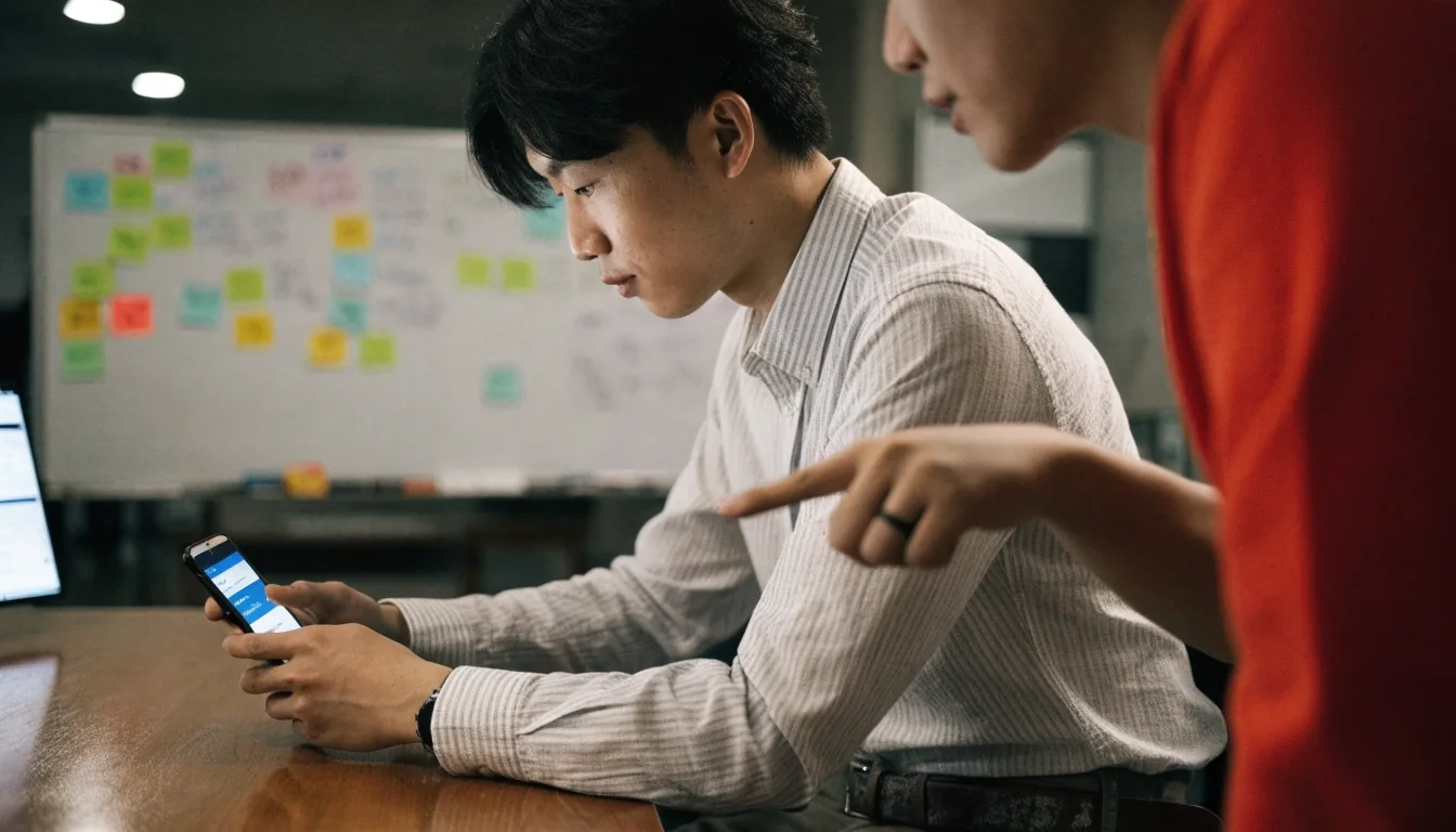 여우비 디지털 팀이 회의 테이블에 자료를 펼쳐 놓고 프로젝트 범위를 함께 검토하는 장면