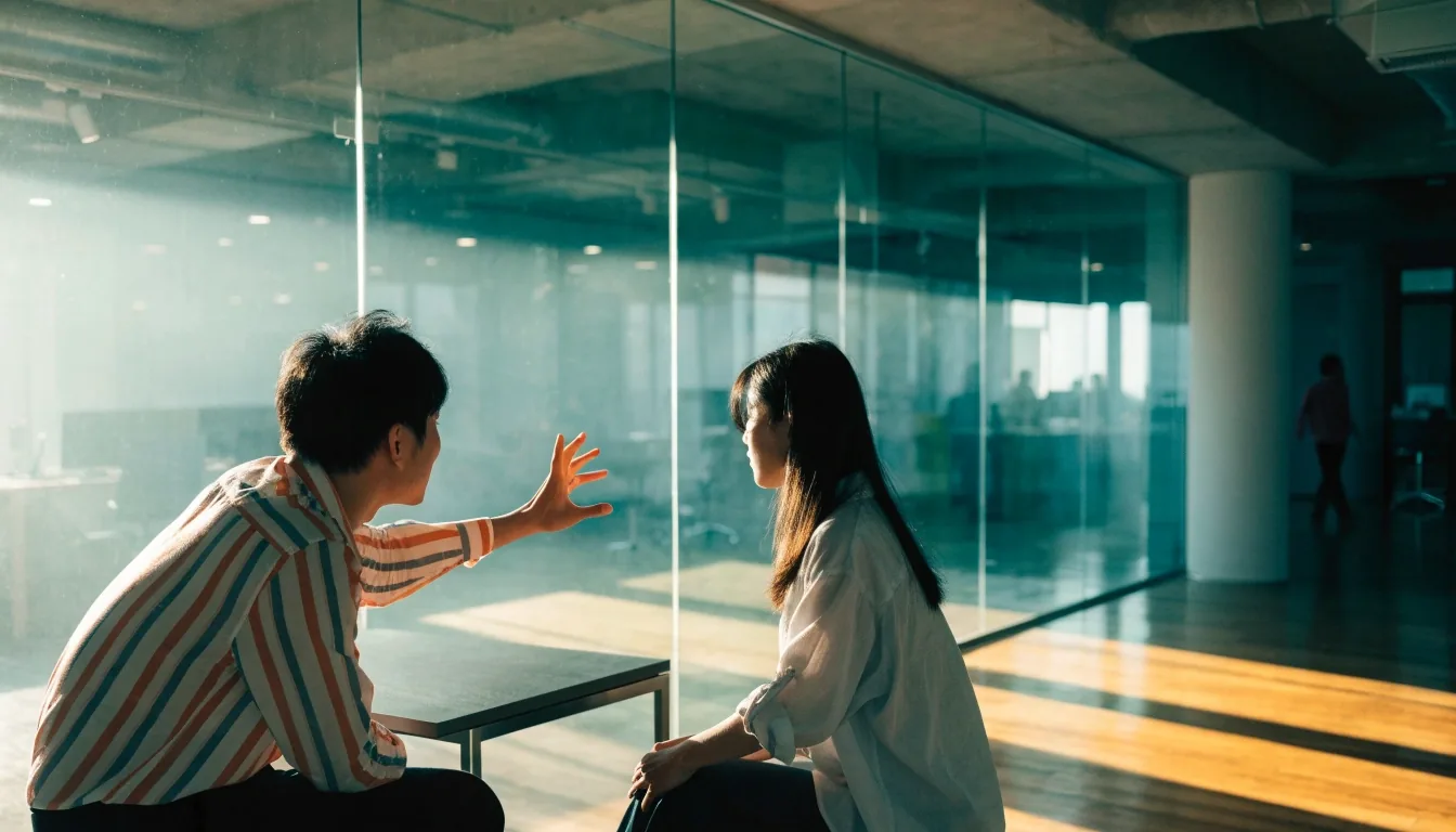 아침 햇빛이 길게 비껴 드는 서울의 협업 오피스, 유리벽 앞으로 사람 두 명의 실루엣이 지나가는 장면