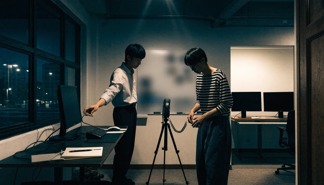 밤의 스튜디오 책상 위, 닫힌 노트북 옆으로 손과 케이블과 각도 있게 세워둔 휴대폰이 놓인 모습